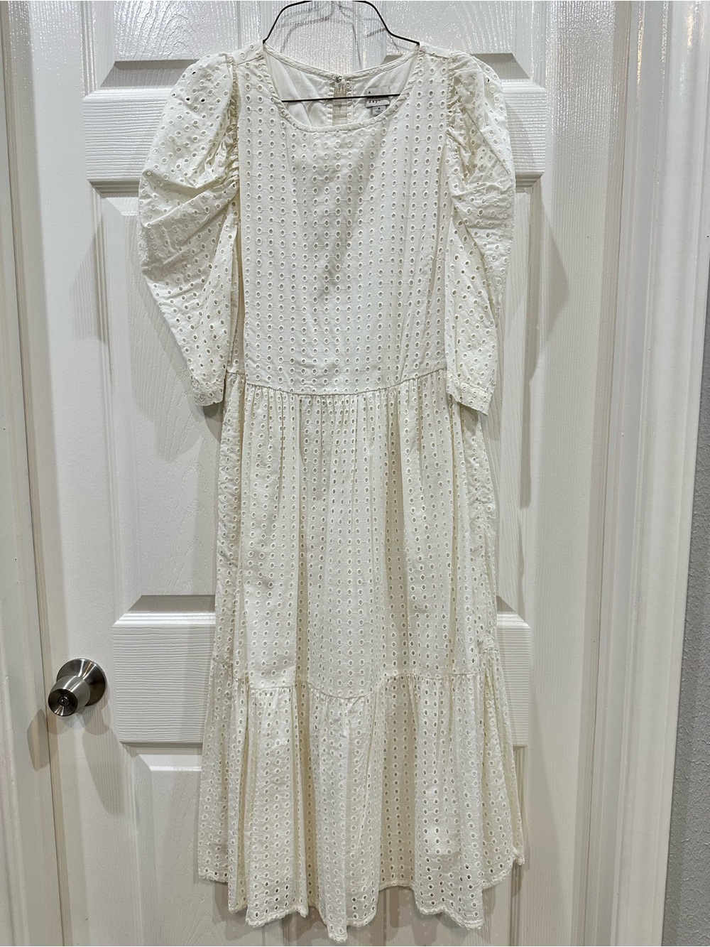 Eyelet Puff-Sleeve Midi Dress in Cream